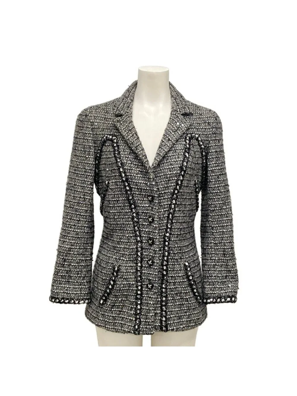 Chanel Jacket 34 S Gray Black White Long Sleeve Tweed Sequin Rhinestone Autumn